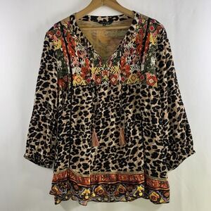 John Mark Womens Embroidered Boho Flowy Top Size M Animal Print Tassle Statement